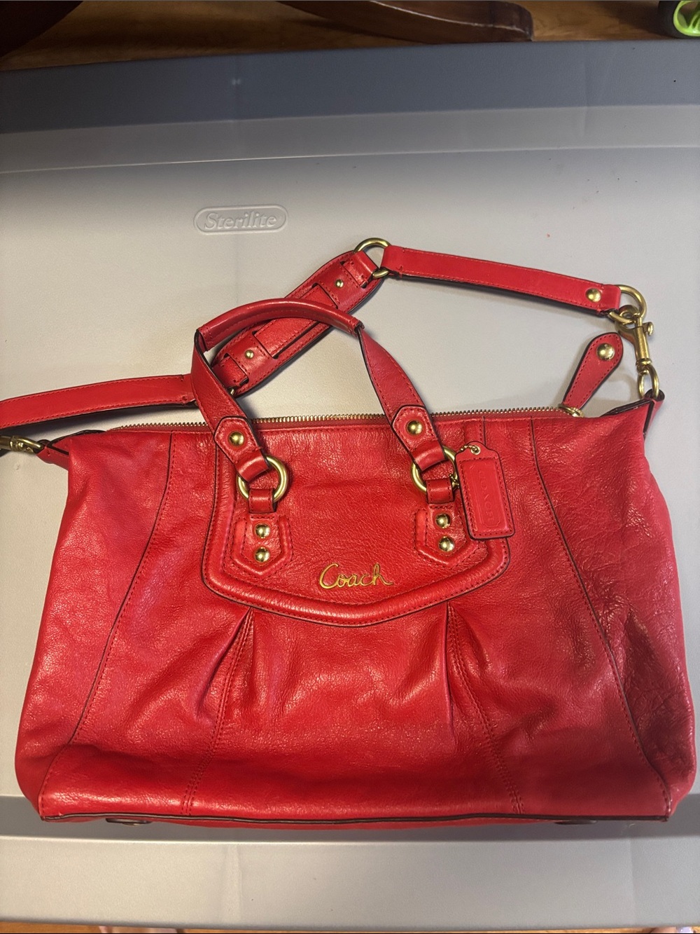 Coach Red Leather Shoulder Bag with Gold Hardware
